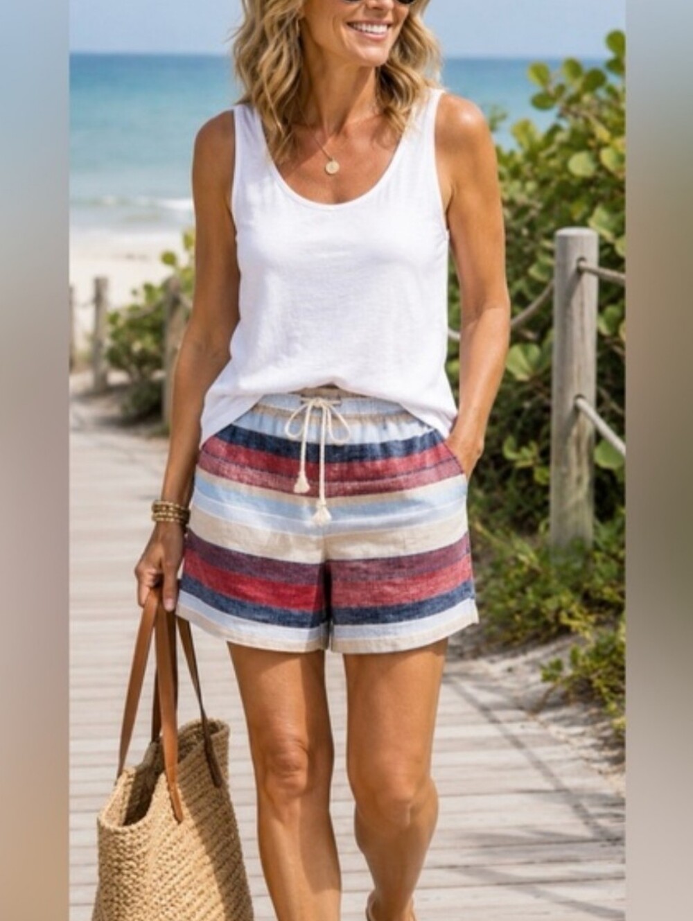 J Jill Love Linen Stripe Shorts Rope Belt Red Blue Cream Sm